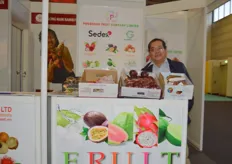 The sales director Mr Khuu Hoang Anh of Prosonan Fruit Co., Ltd with his delicious exotics fruit display.